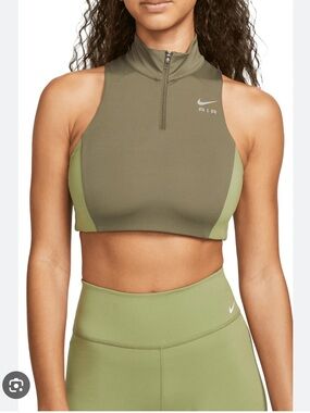 Nike Air Dri-FIT Swoosh Mock Zip Sports Bra in Large Olive/Alligator